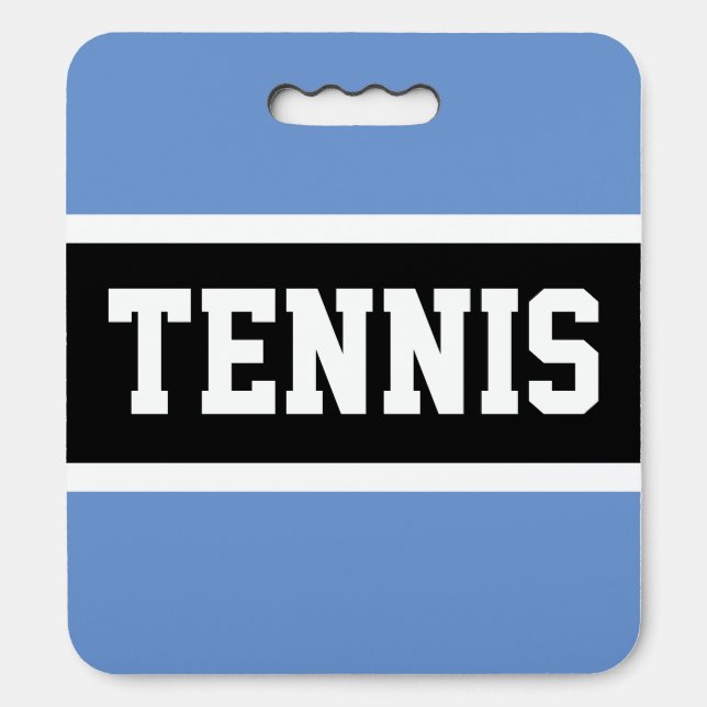 TENNIS Fun Athletic Black White Light Blue Stripes Seat Cushion (Front Vertical)