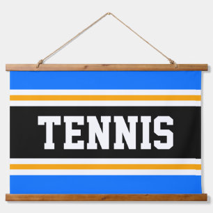 TENNIS Fun Bright Blue Black Orange Sporty Stripes Hanging Tapestry