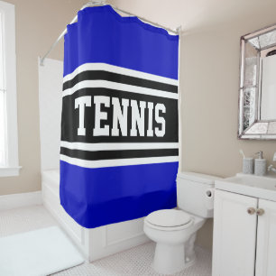 TENNIS Fun Royal Blue Black White Racing Stripes Shower Curtain