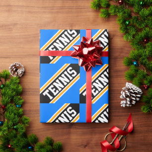 TENNIS Fun Sporty Bright Blue Black Racing Stripes Wrapping Paper