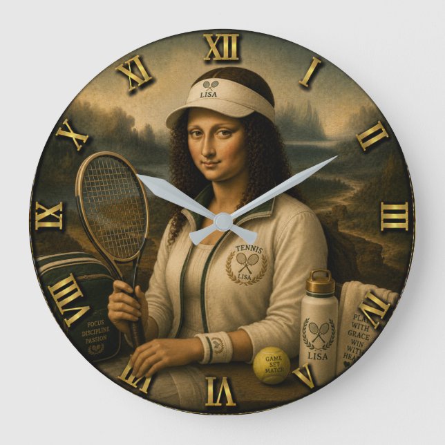Tennis Funny Mona Lisa Large Clock (Front)