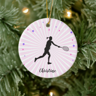 Tennis Girl Playing Sport Pink Sunset Colorful Ceramic Ornament