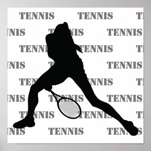 Tennis Girl Silhouette Black White Grey Poster