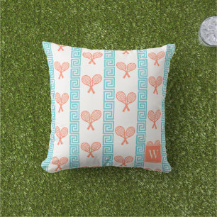 Tennis Greek Key Stripe - Coral & Turquoise Outdoor Pillow