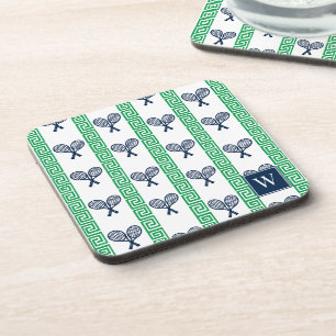 Tennis Greek Key Stripe - Navy & Green Monogram Beverage Coaster