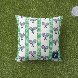 Tennis Greek Key Stripe - Navy & Green Monogram Outdoor Pillow