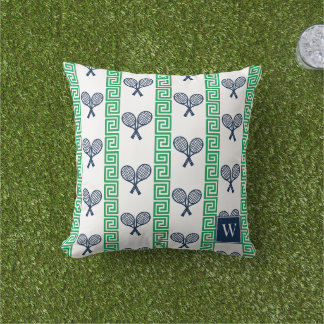 Tennis Greek Key Stripe - Navy & Green Monogram Outdoor Pillow