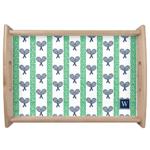 Tennis Greek Key Stripe - Navy & Green Monogram Serving Tray