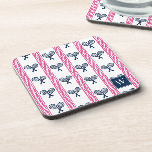 Tennis Greek Key Stripe - Navy & Hot Pink Monogram Beverage Coaster