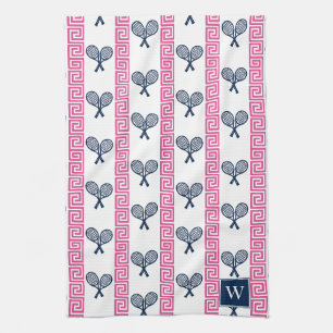 Tennis Greek Key Stripe - Navy & Hot Pink Monogram Kitchen Towel