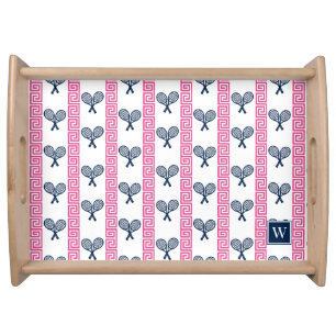 Tennis Greek Key Stripe - Navy & Hot Pink Monogram Serving Tray
