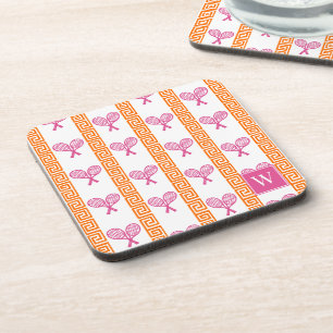 Tennis Greek Key Stripe Orange & Hot Pink Monogram Beverage Coaster