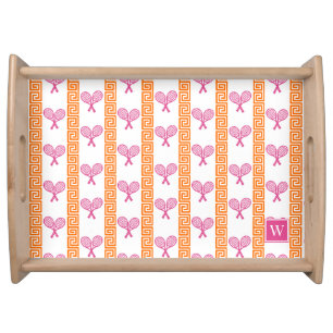 Tennis Greek Key Stripe Orange & Hot Pink Monogram Serving Tray
