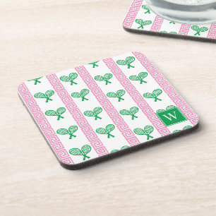 Tennis Greek Key Stripe - Pink & Green Monogram Beverage Coaster