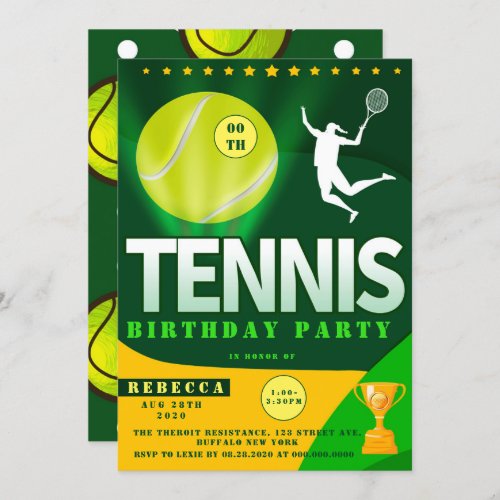 Tennis Green and Yellow Birthday Party Invitations