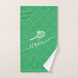 Tennis Green Personalized Name Sports Hand Towel<br><div class="desc">Green and neon yellow-green personalized tennis design kitchen towel with a monogram,  name,  or custom text features a simple elegant feminine calligraphy font with a tennis racket and tennis ball icon and court net background pattern.</div>