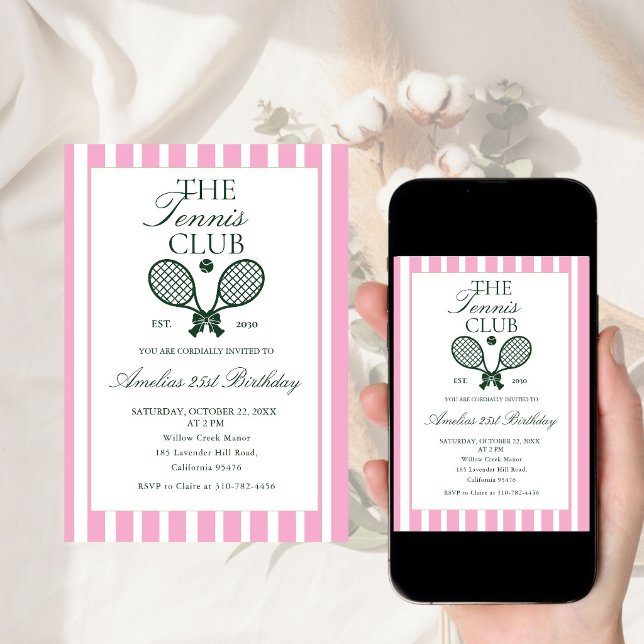  Tennis Green Pink  Bow Birthday Invitation (Creator Uploaded)