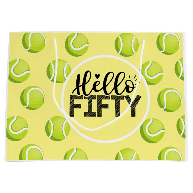 Tennis Happy 50th Birthday with ball on yellow Large Gift Bag (Front)