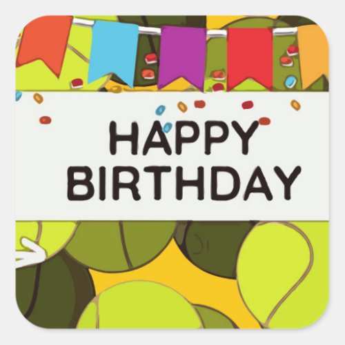 Tennis Happy Birthday Party flag ball background   Square Sticker
