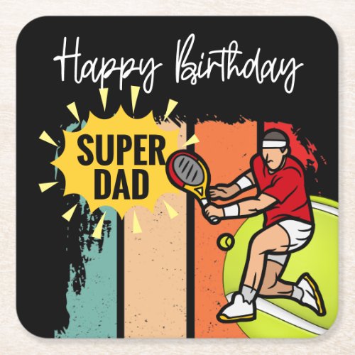 Tennis Happy Birthday to Tennis Dad Funny Party   Square Paper Coaster