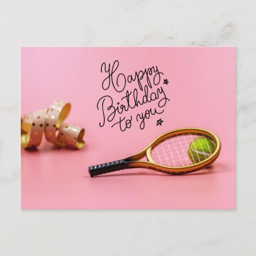 Tennis Happy Birthday with ball and  racket pink P Postcard