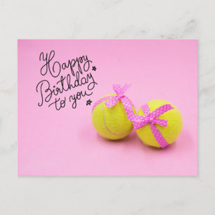 Tennis Happy Birthday with ball and racket pink Postcard