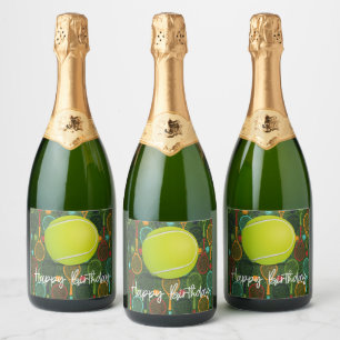 Tennis Happy Birthday with ball and racket Sparkling Wine Label