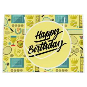 Tennis Happy Birthday with ball and racket yellow Large Gift Bag