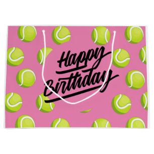 Tennis Happy Birthday with ball on pink Large Gift Bag