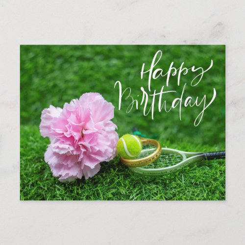 Tennis Happy Birthday with Carnation Flower  Postcard