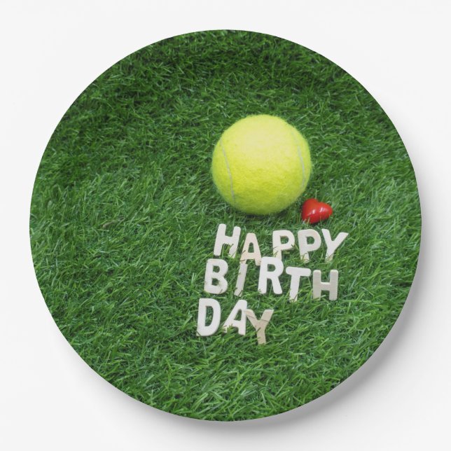 Tennis Happy Birthday with love heart Paper Plates (Front)
