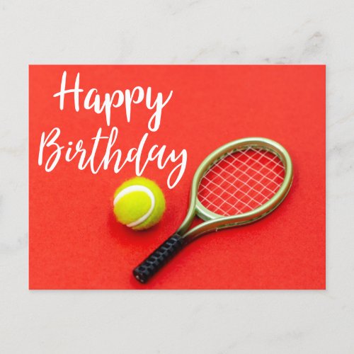 Tennis Happy Birthday with racket and ball on red Postcard