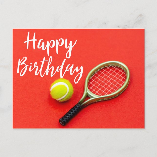 Tennis Happy Birthday with racket and ball on red Postcard (Front)
