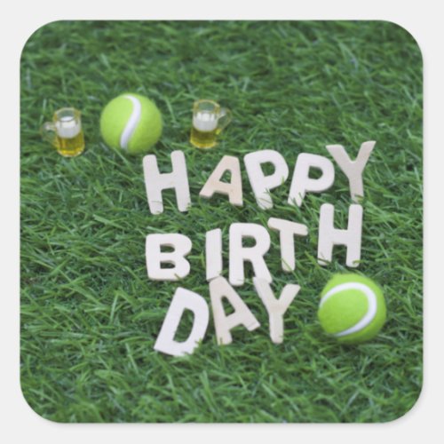 Tennis Happy Birthday With tennis ball on grass Square Sticker