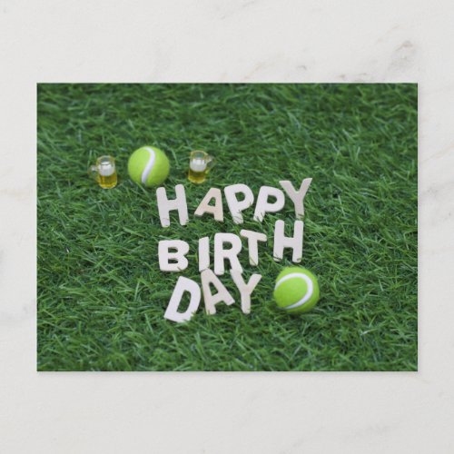 Tennis Happy Birthday with Tennis ball on green Postcard