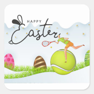 Tennis Happy Easter to Tennis Player with eggs Square Sticker