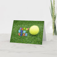 Tennis happy New Year & tennis ball and Santa hat Holiday Card
