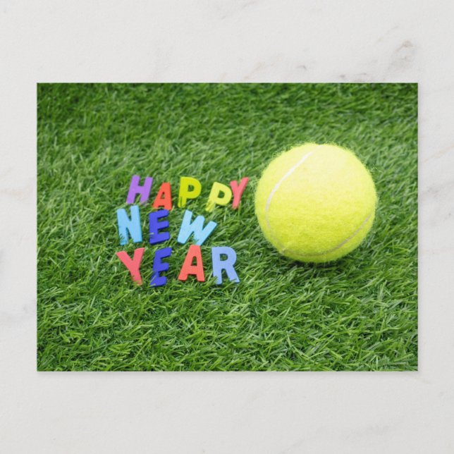 Tennis Happy New Year with tennis ball on green Holiday Postcard (Front)