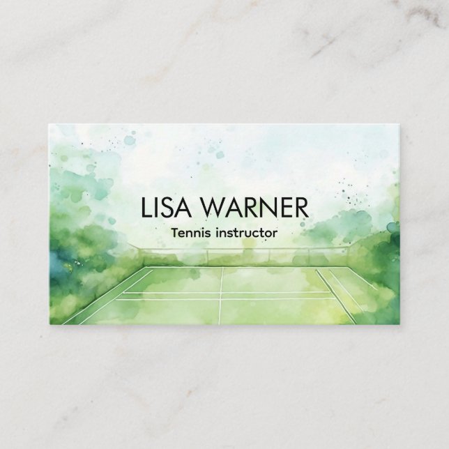 Tennis instructor coach watercolor tennis court business card (Front)