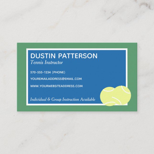 Tennis Instructor or Coach Blue and Green Business Card (Front)