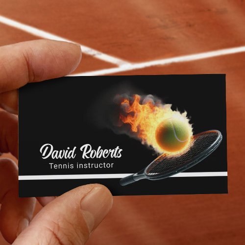 Tennis Instructor Tennis Ball in Fire Plain Black Business Card