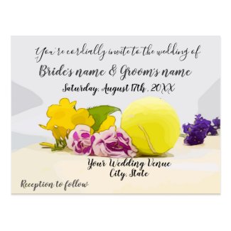 Tennis invitation with ball and flowers postcard