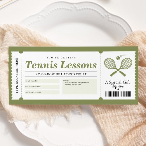 Tennis Lesson Gift Voucher Certificate Invitation