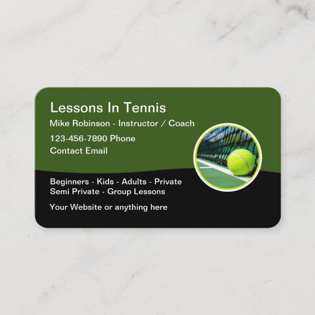 Tennis Lessons Coach Business Cards (Front)
