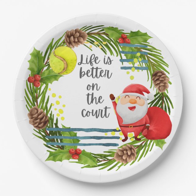 Tennis Life is better on the court Christmas Party Paper Plates (Front)