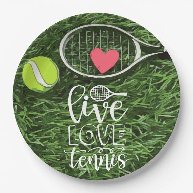 Tennis Live Love Tennis with ball and racket  Paper Plates (Front)
