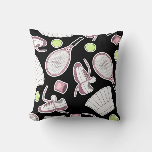 Tennis Love Pattern Pink and Black Throw Pillow (Front)