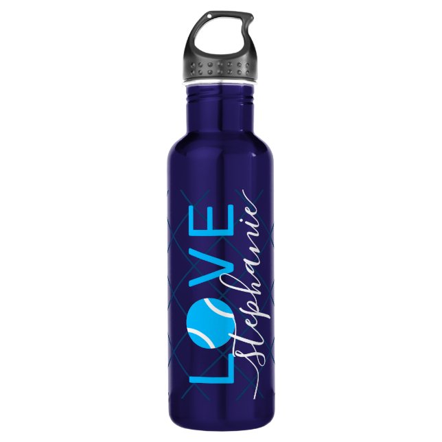 Tennis Love Personalized Bright Cyan Blue Stainless Steel Water Bottle (Front)