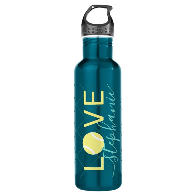 Tennis Love Personalized Teal and Yellow Stainless Steel Water Bottle (Front)