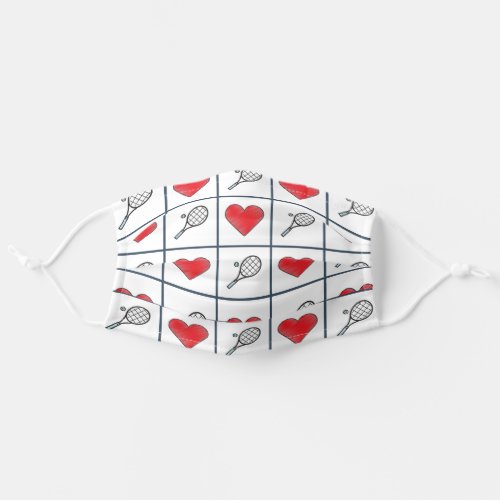 Tennis Love Rackets and Red Hearts Pattern Adult Cloth Face Mask